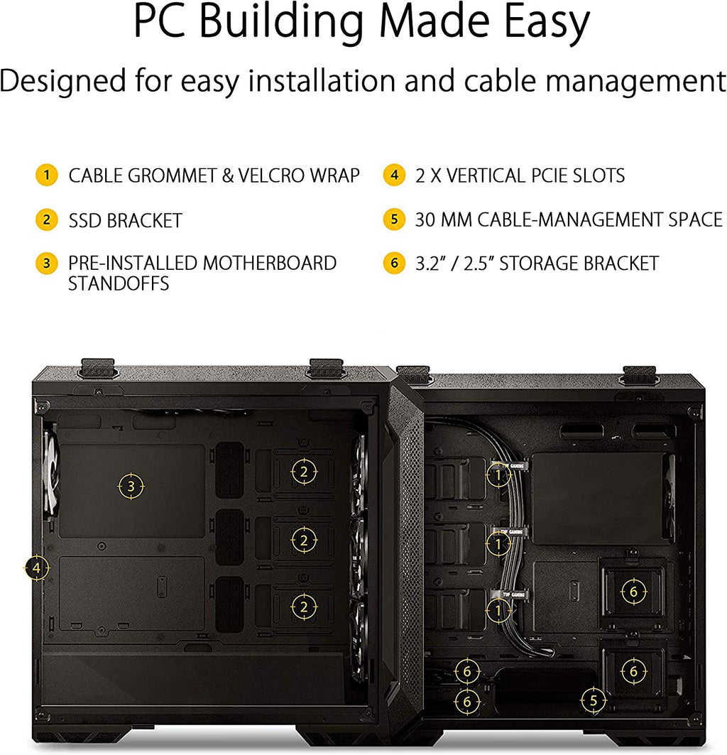 ASUS TUF Gaming GT501 Mid-Tower Gaming Case, EATX Support, Pre-Installed 4 Case Fans, USB 3.0 Front Panel, Smoked Tempered Glass, Steel Construction, 2 Year Warranty