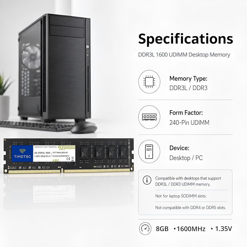 80GB Kit(10X8Gb) DDR3L / DDR3 1600Mhz (DDR3L-1600) PC3L-12800 / PC3-12800 Non-Ecc Unbuffered 1.35V/1.5V CL11 2Rx8 Dual Rank 240 Pin UDIMM Desktop PC Computer Memory RAM(SDRAM) Module Upgrade