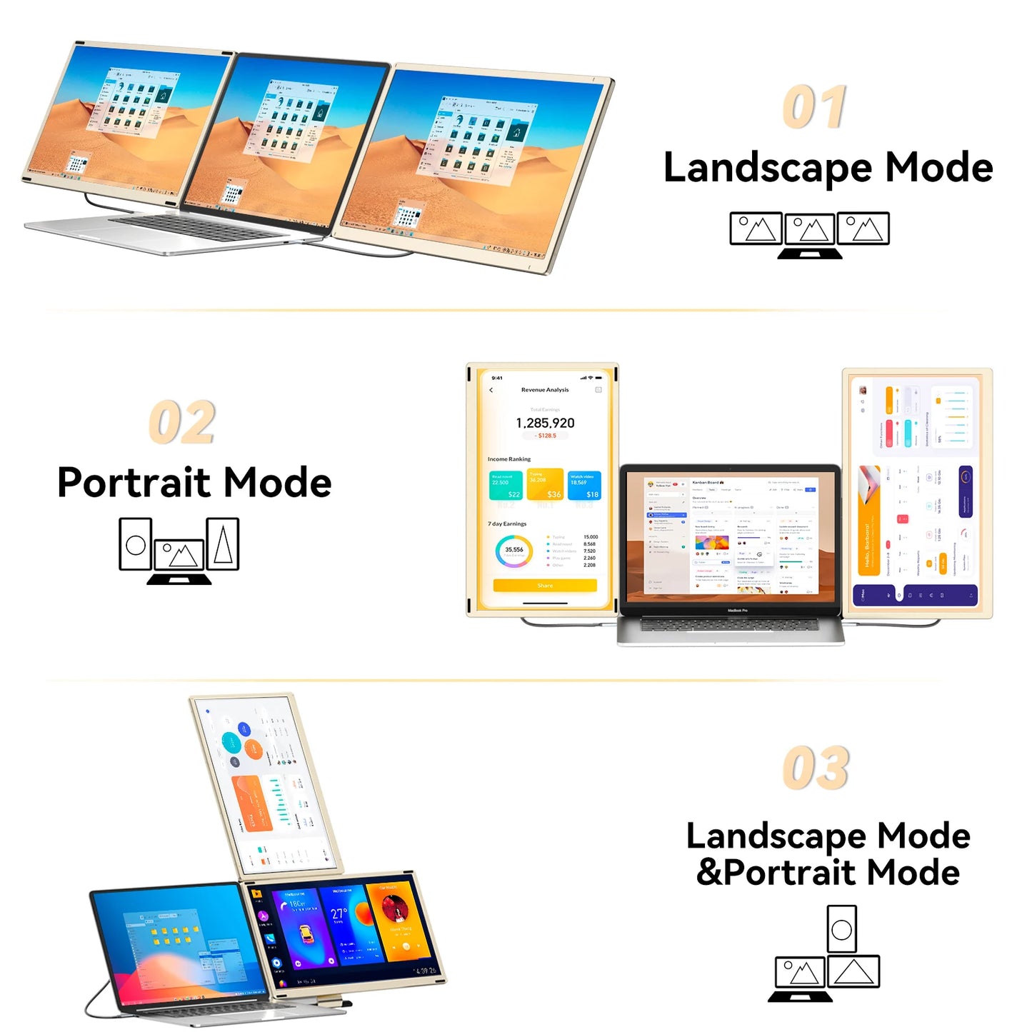 S6 15.6" Portable Triple Screen Laptop Monitor