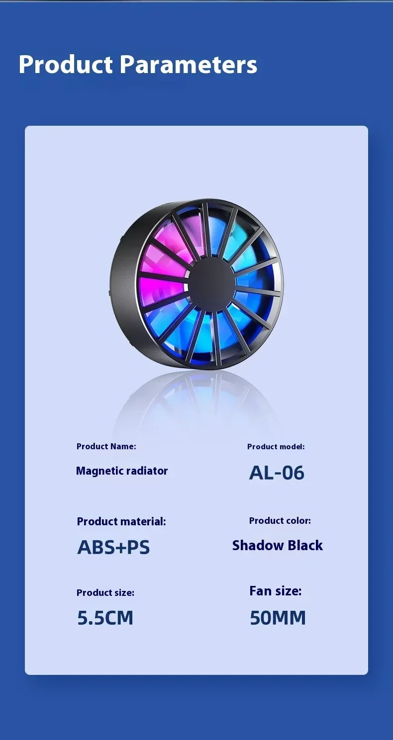 Phone Radiator Portable Magnetic Phone Cooler Low Noise Light Weight Fan with RGB Light Fast Cooling for Phone Tablet PUGB Game