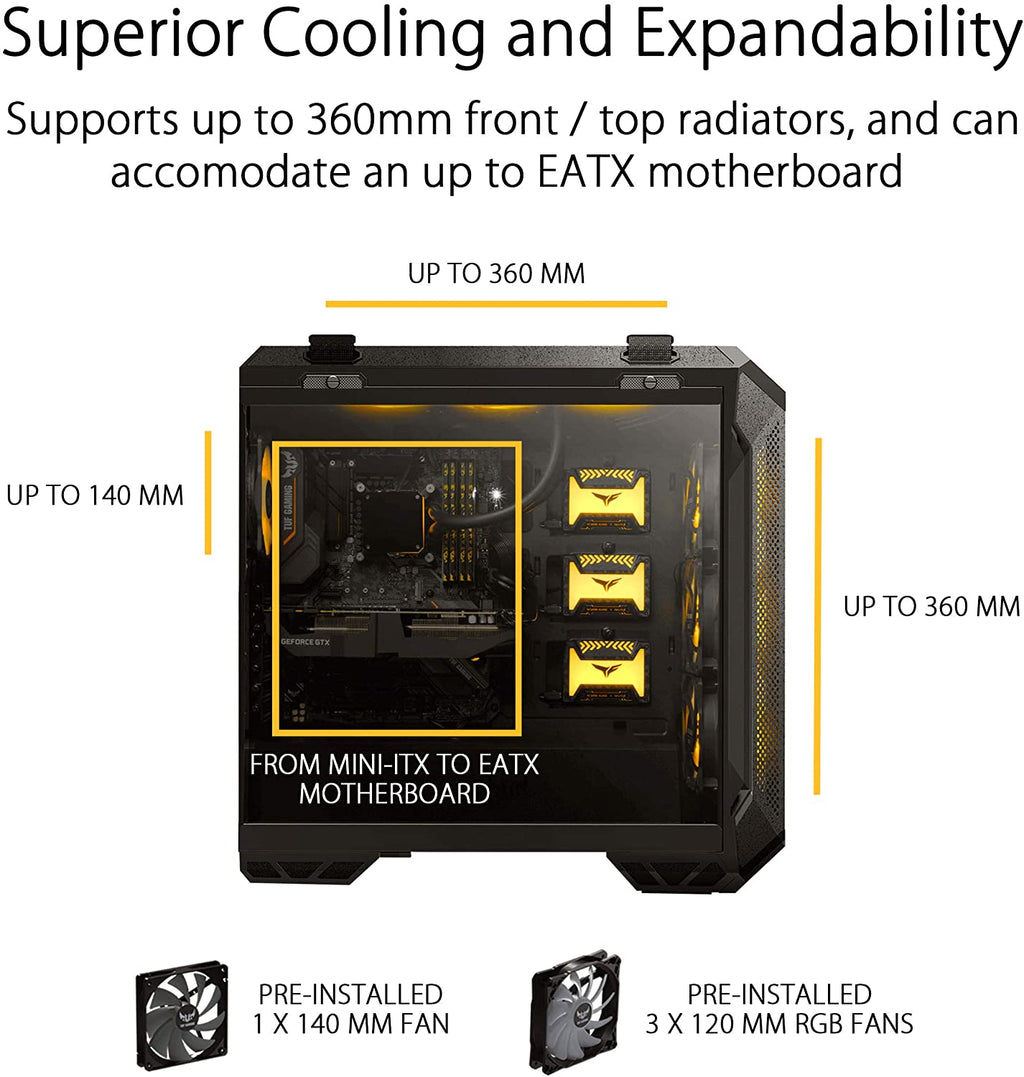 ASUS TUF Gaming GT501 Mid-Tower Gaming Case, EATX Support, Pre-Installed 4 Case Fans, USB 3.0 Front Panel, Smoked Tempered Glass, Steel Construction, 2 Year Warranty