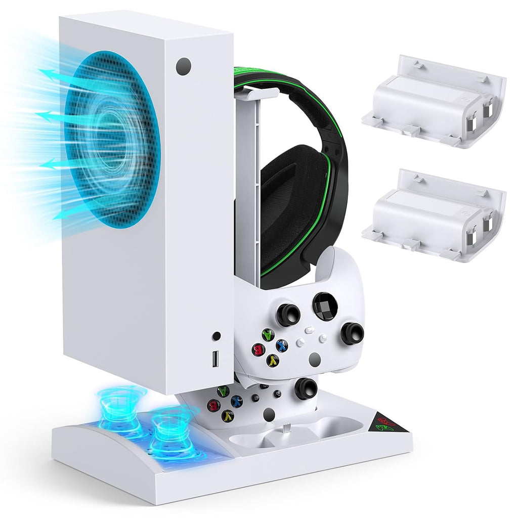 Charger Stand Cooling Fan for Xbox Series S Console&Controller,White | Vertical Dual Cooler System Charging Dock Accessories with 2X1400Mah Rechargeable Battery, Earphone Bracket for Xbox Series S