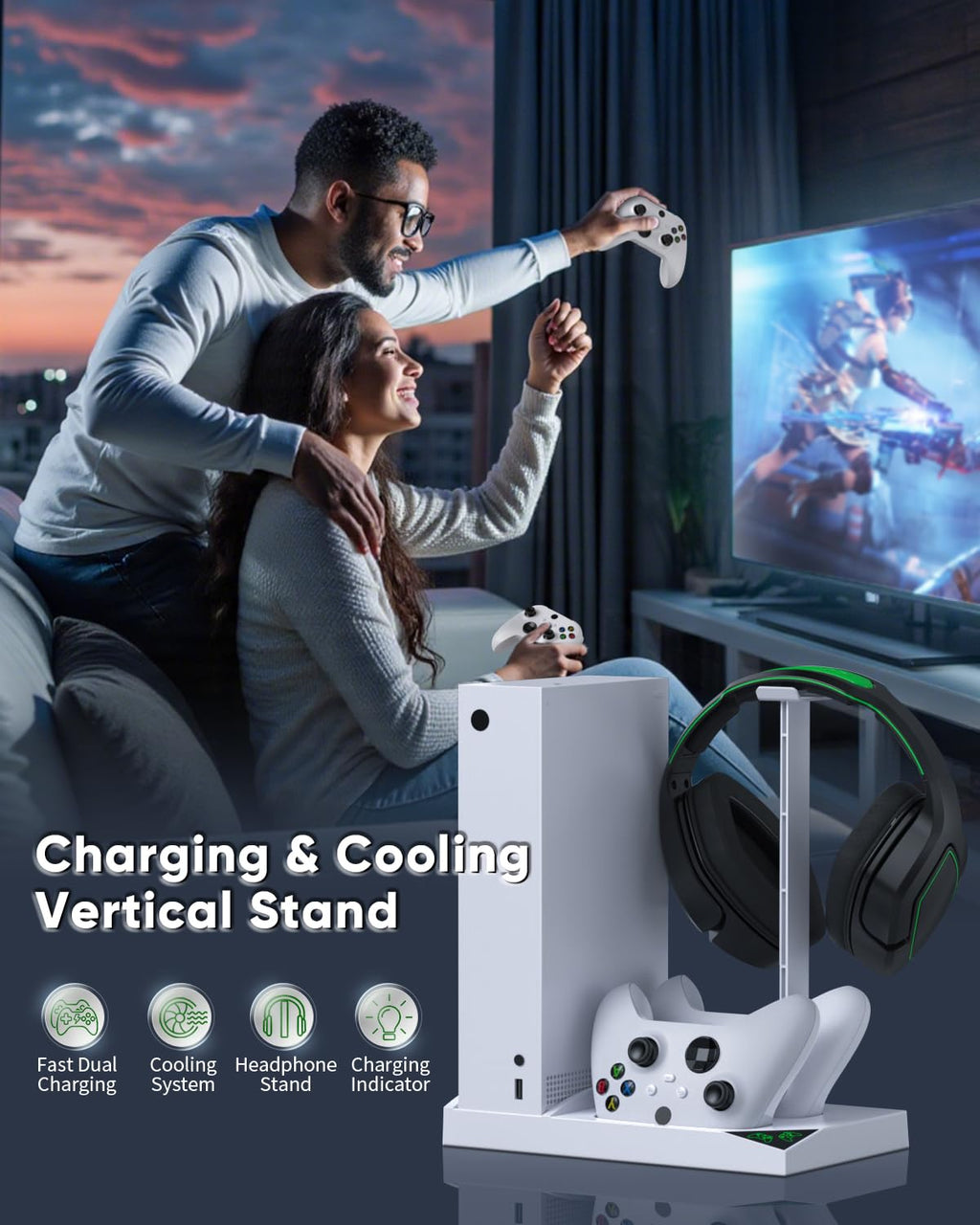 Charger Stand Cooling Fan for Xbox Series S Console&Controller,White | Vertical Dual Cooler System Charging Dock Accessories with 2X1400Mah Rechargeable Battery, Earphone Bracket for Xbox Series S